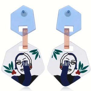 FRIDA KAHLO-LIKE FACE ON LUCITE LARGE EARRINGS 50